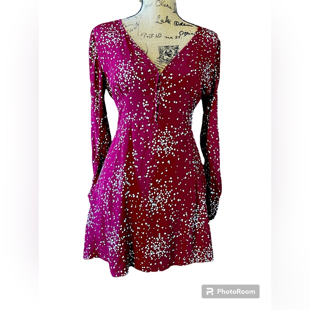 Times for Nordstrom 8P Lined Long Sleeved Burgundy Print Crepe Dress New